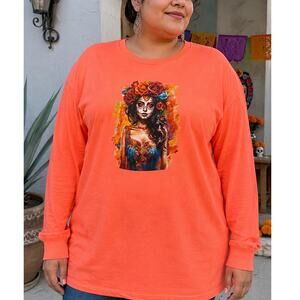 Custom Print Dia de los Muertos Floral Long Sleeve T-Shirt 3X Coral Beach Wash